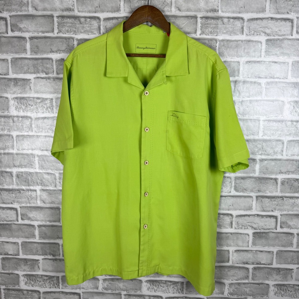 Tommy Bahama Mens XL Silk Blend Short Sleeve Button Down Shirt Lime Green Marlin